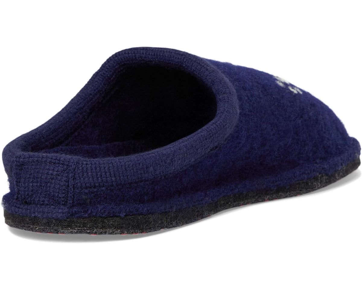 Blue felt slip-on slipper with cushioned collar and textured sole edge