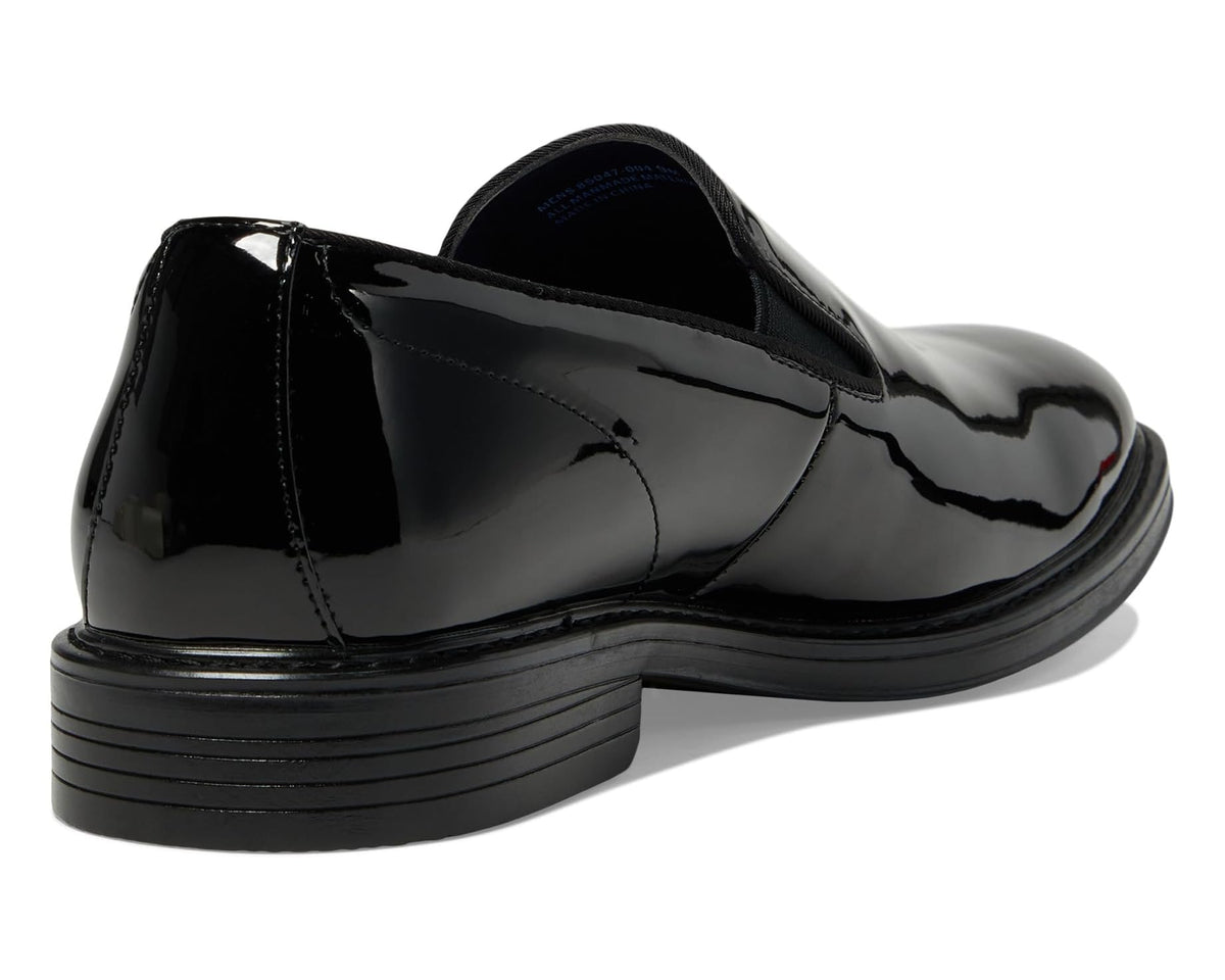 Men's black patent slip-on dress shoe heel and side view with smooth padded back