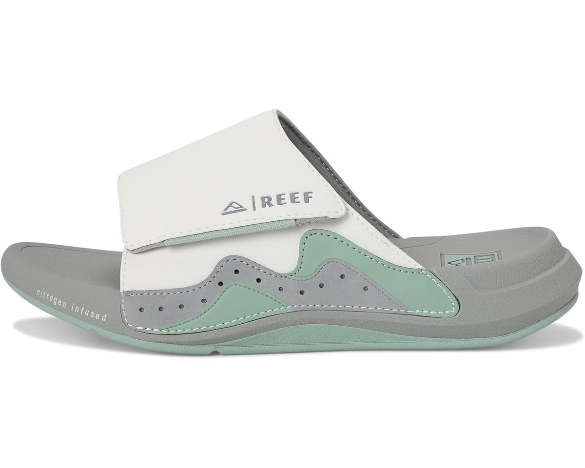 Reef Swell Cruiser slide sandal in white with grey and green panel stitching