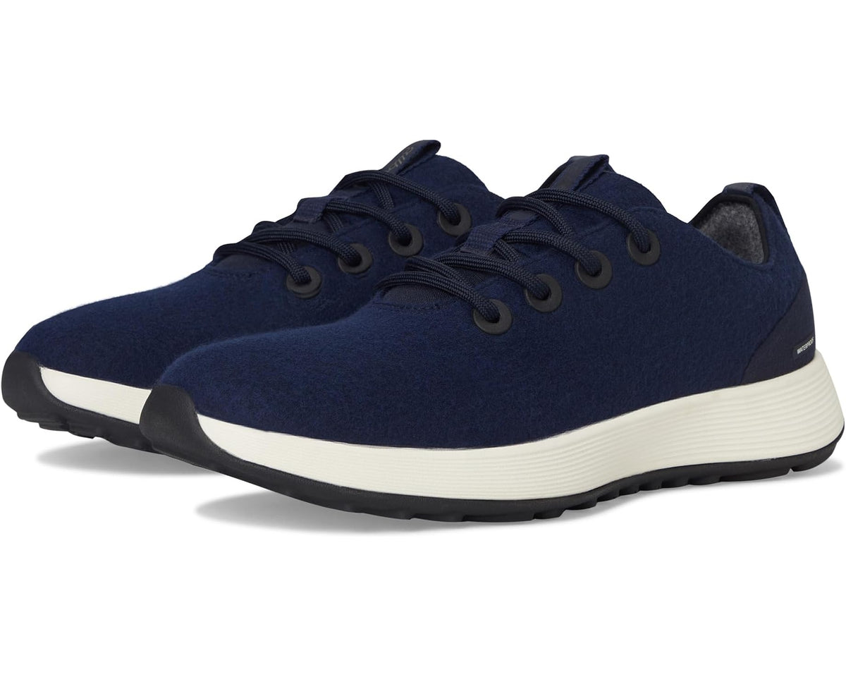 Men’s navy wool lace-up sneaker with white midsole and rubber traction outsole