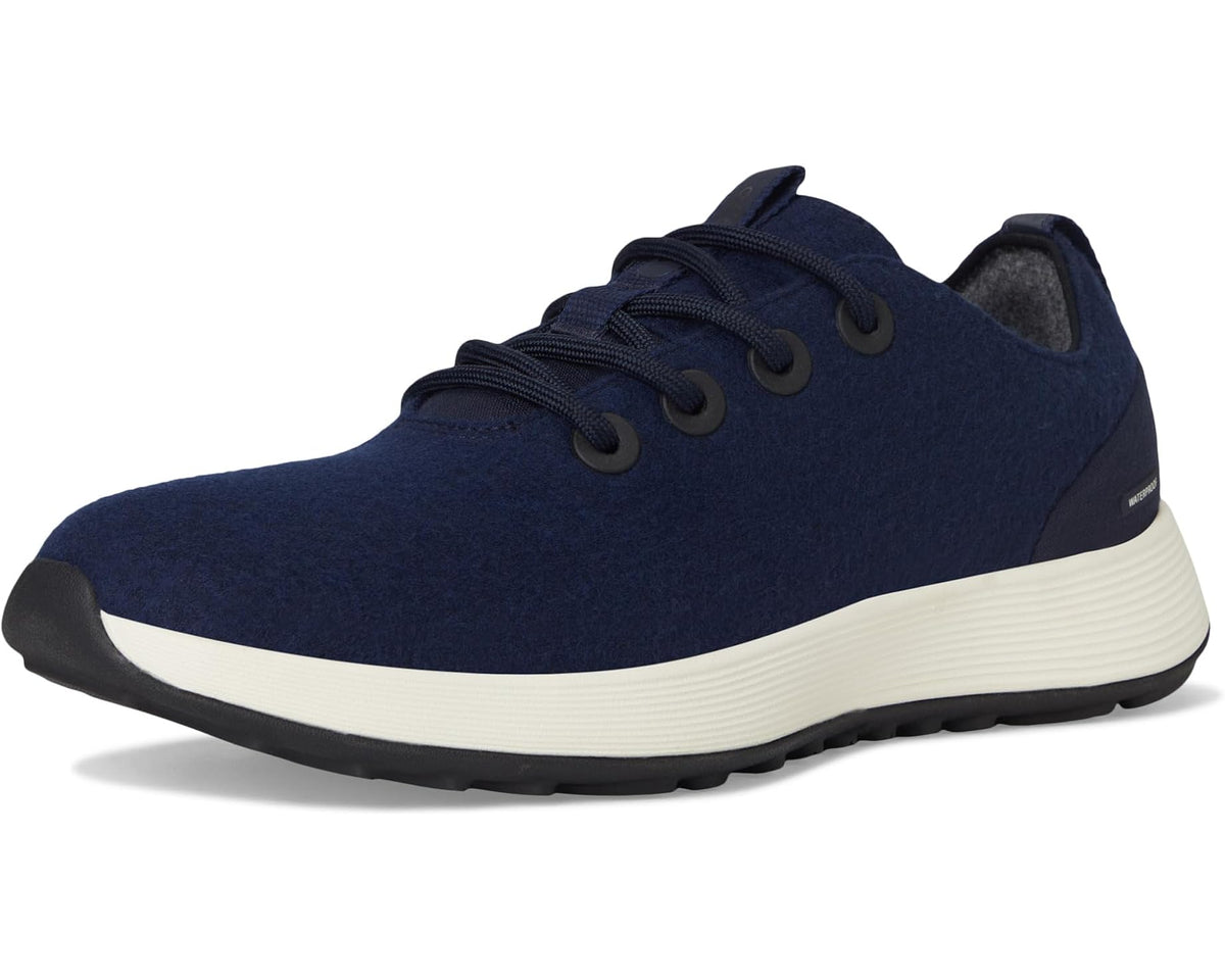 Navy wool lace-up sneaker with white sole and black rubber toe bumper