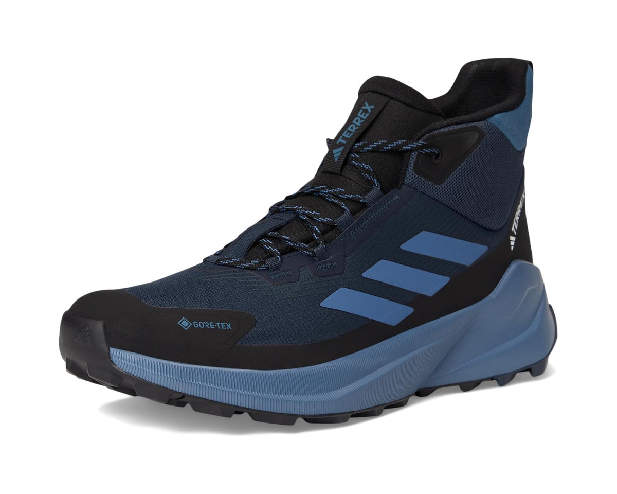 Men's adidas Terrex mid hiking shoes, front 3/4 view, GORE-TEX, navy/blue/black