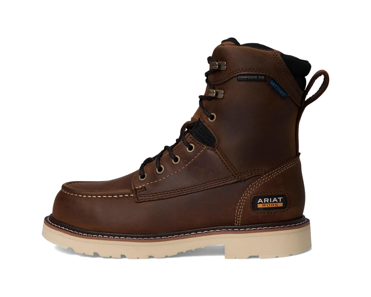 Brown Ariat 8-inch lace-up boot with composite toe, metal hooks, side logo