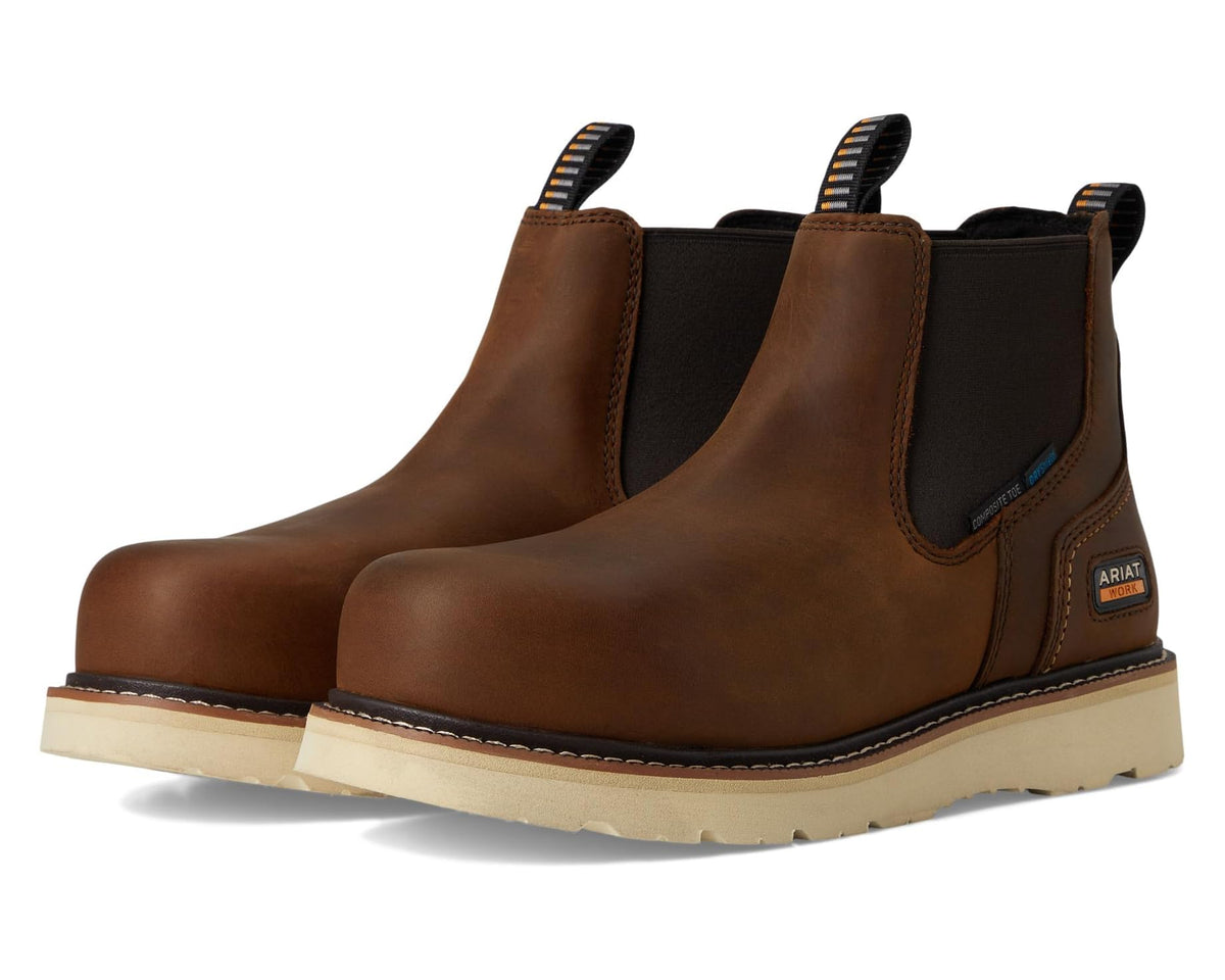 Men's Ariat Rebar Wedge Chelsea Waterproof Composite Toe Work Boots Distressed Brown