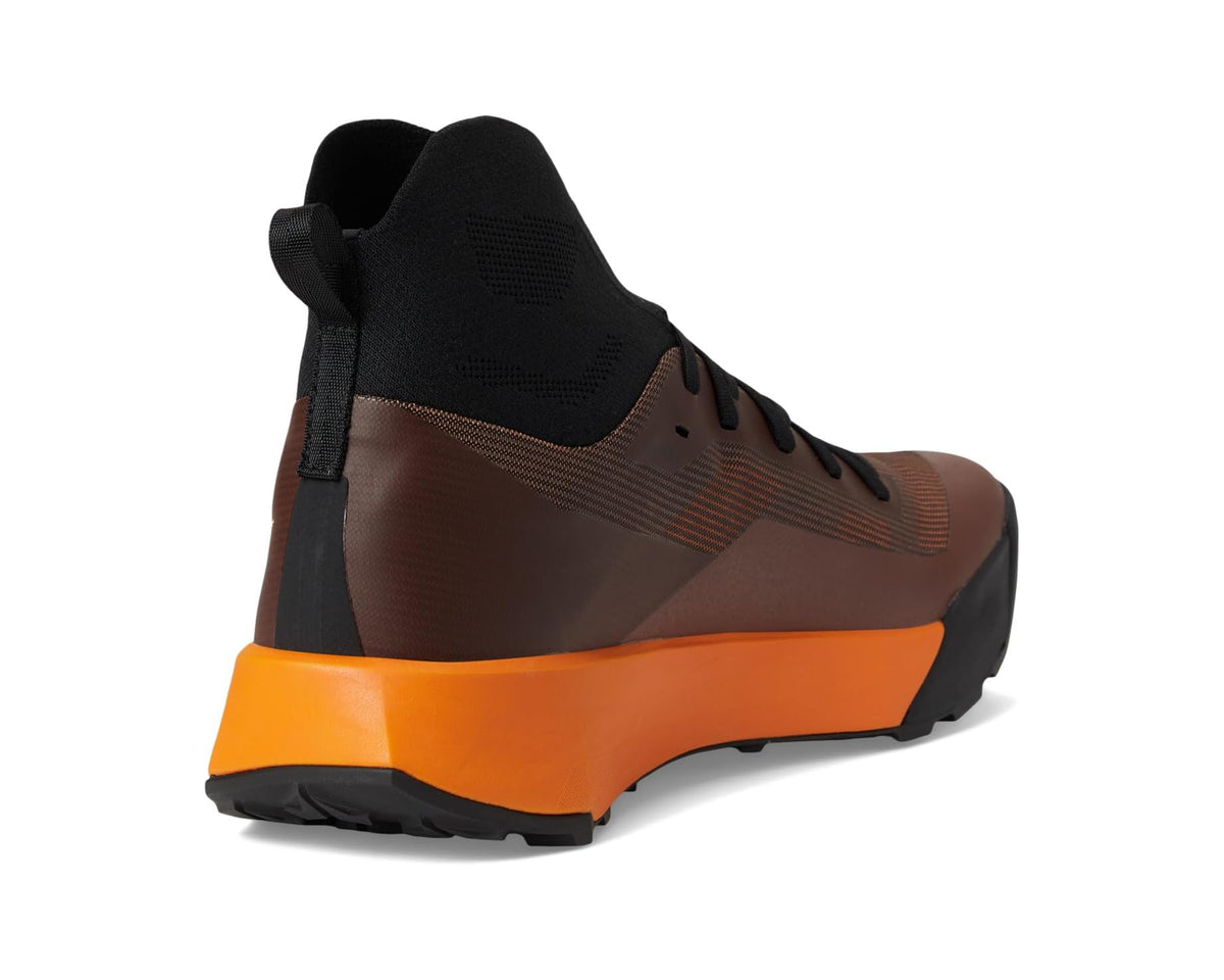 Men's Arc'teryx high-top trail shoes, brown rear with black collar and bright orange sole