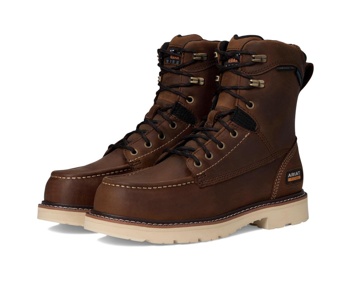 Men's brown Ariat 8-inch lace-up work boots with composite toe and rugged outsole