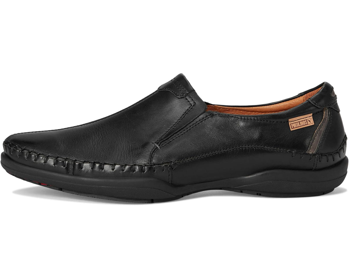 Men's black leather slip-on shoes with lace-free upper and stitched details