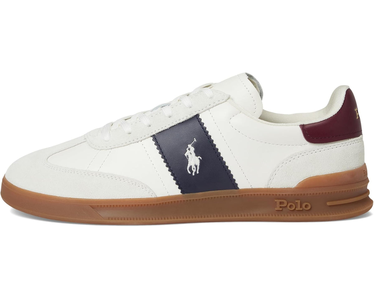 Men's Polo Ralph Lauren sneakers, front quarter view with white upper, navy stripe, burgundy tab