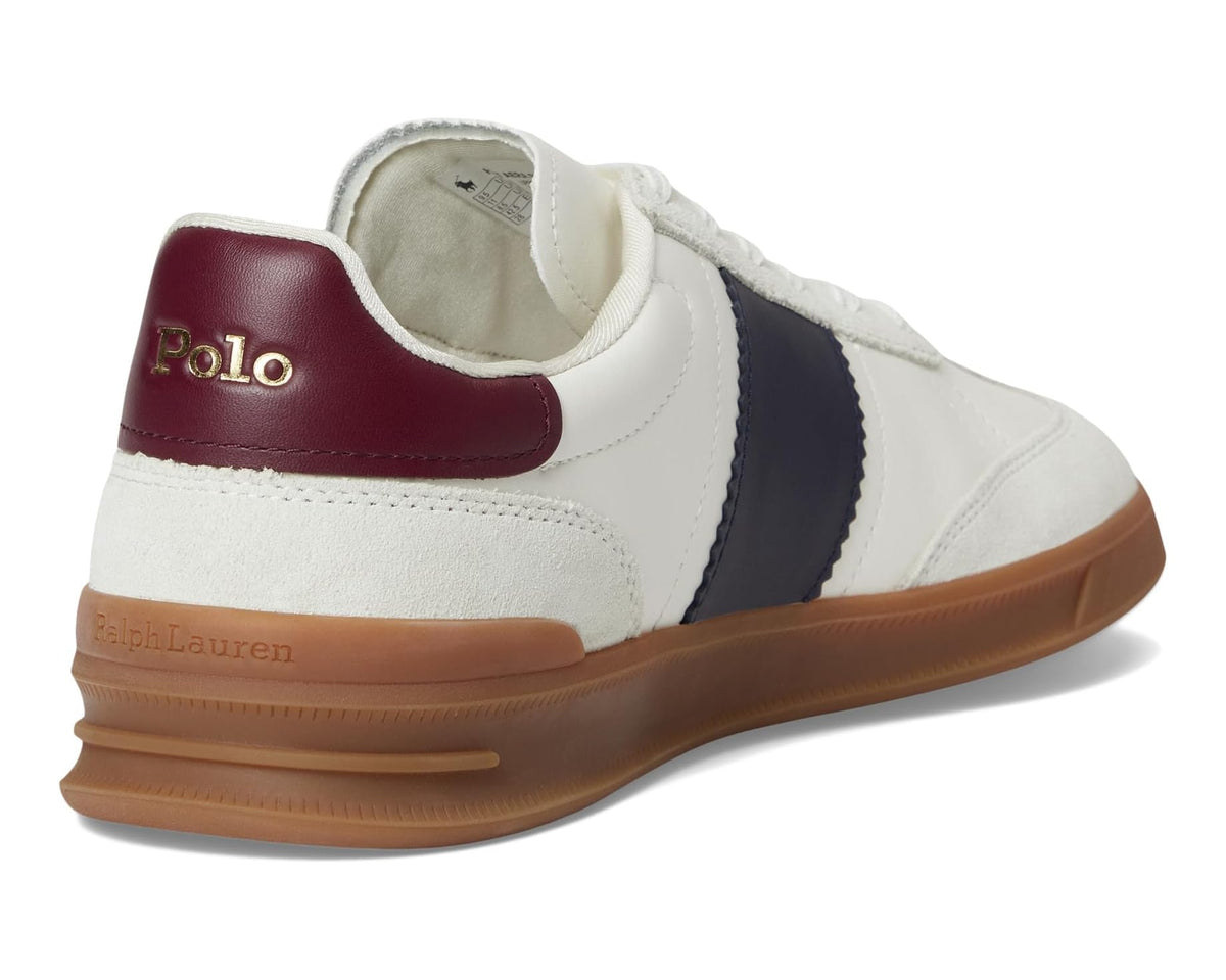 Men's Polo Ralph Lauren sneakers, back view with burgundy heel, white leather, tan sole