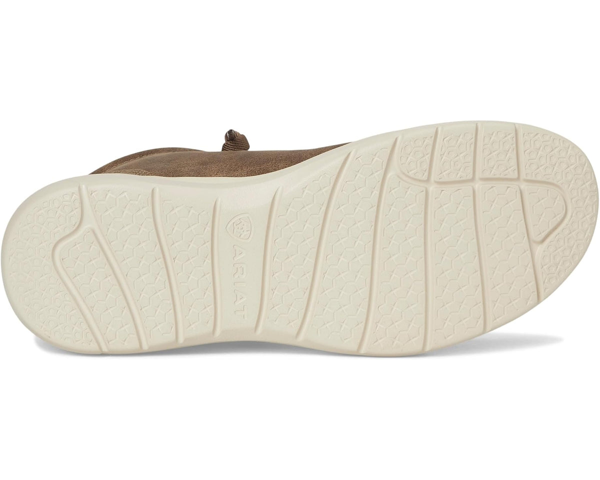 Brown suede chukka boot outsole view with textured white rubber sole