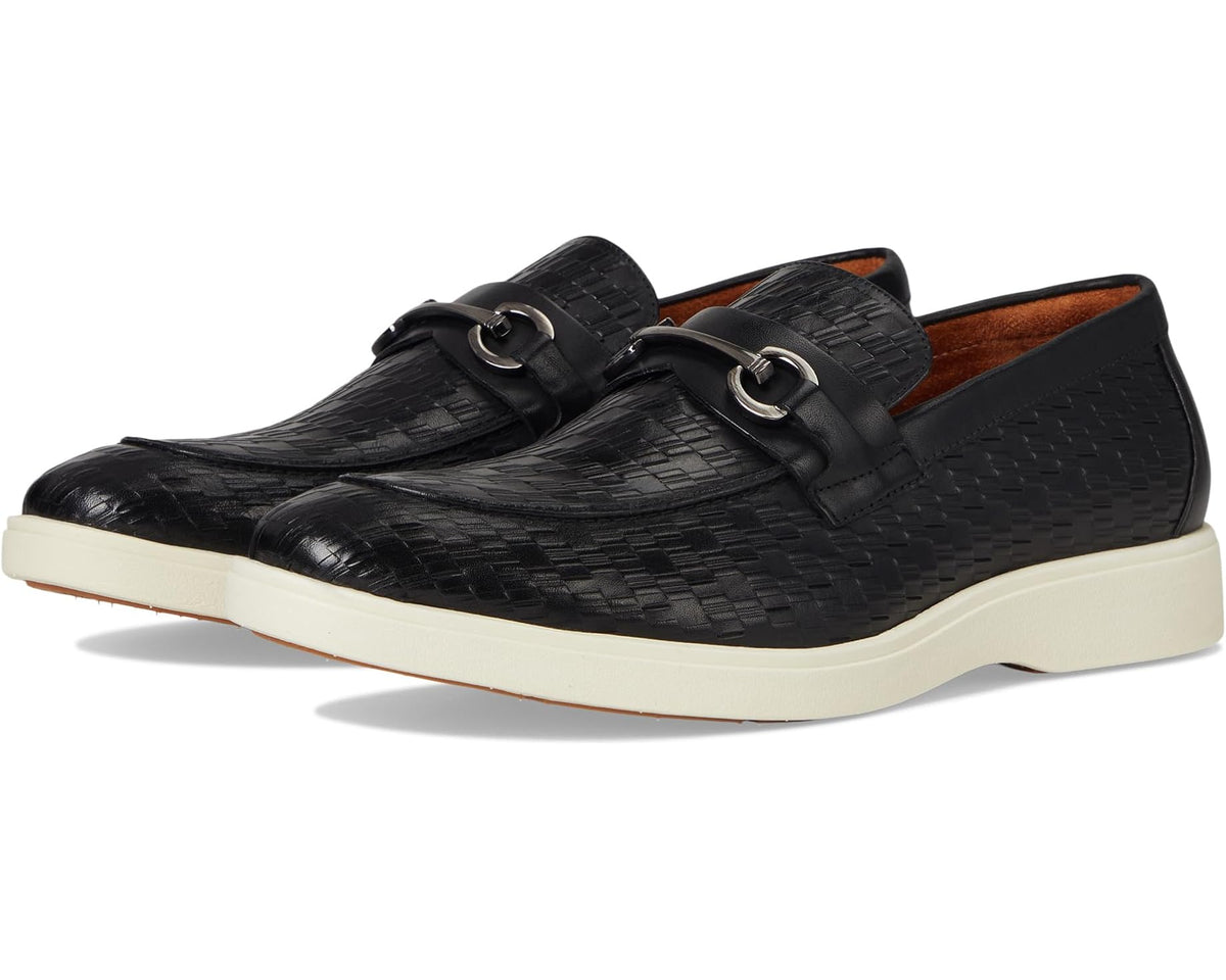 Stacy Adams moc toe slip-on loafers in black woven leather with buckle strap