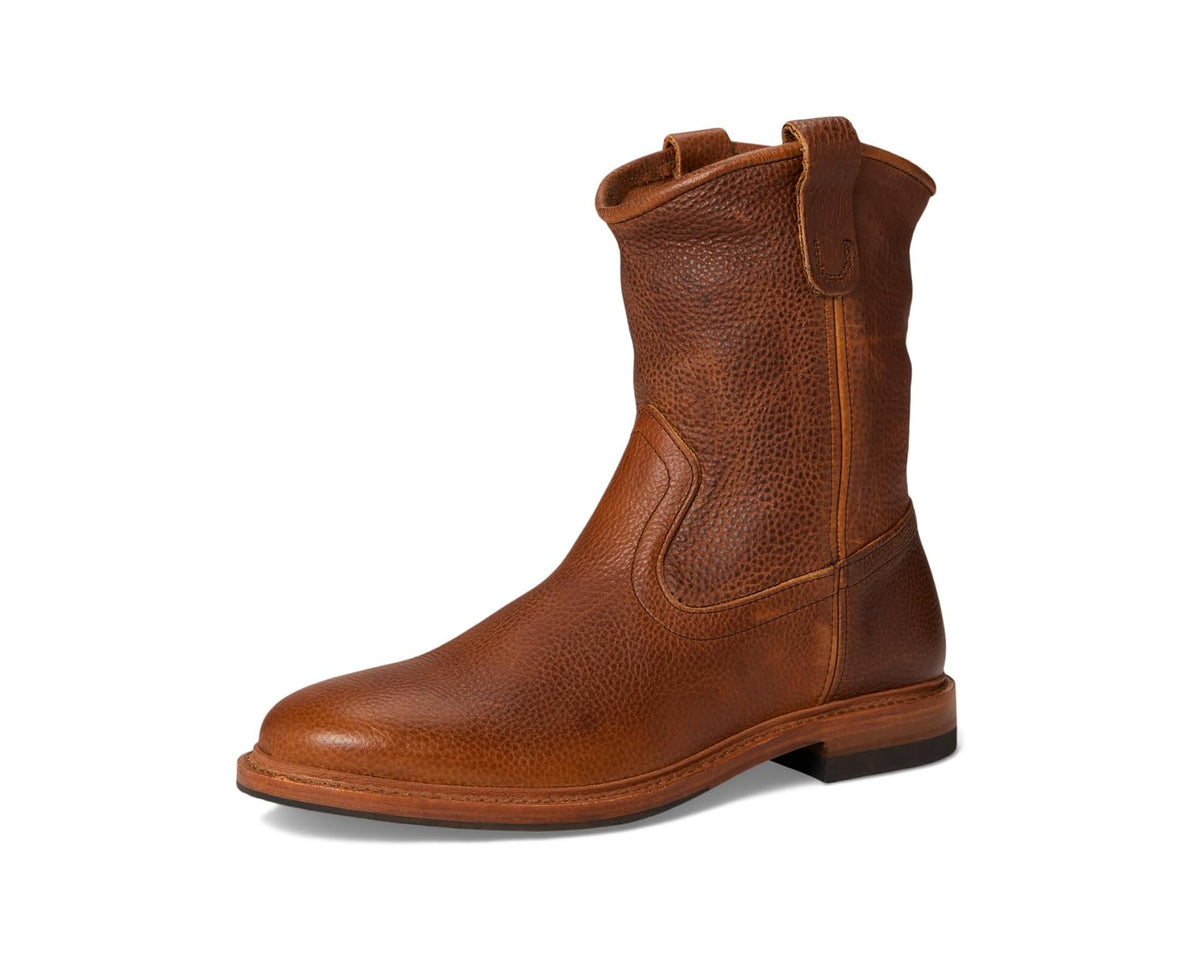 Brown leather men's ankle boot front 3/4 view with pull tabs