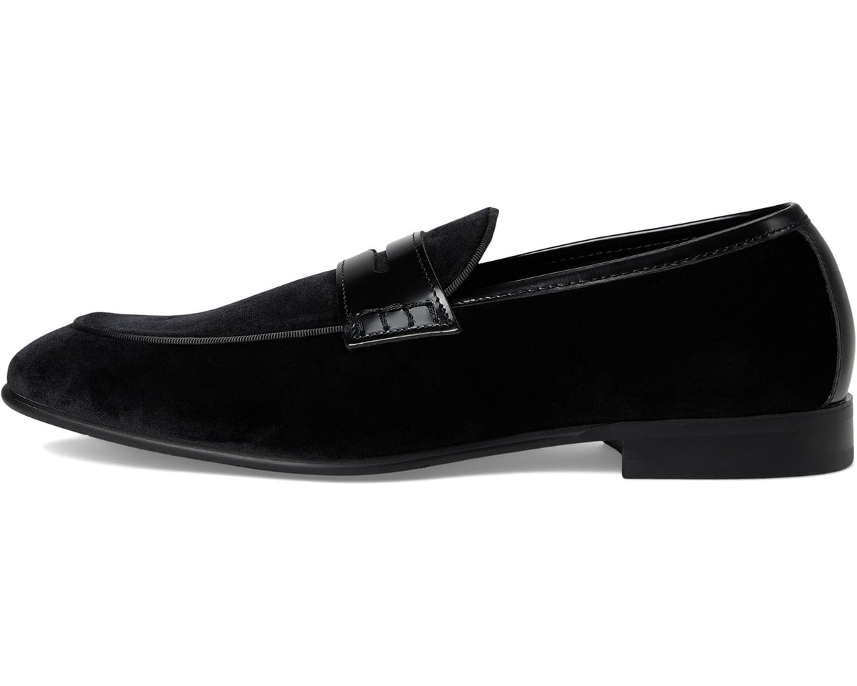 Black suede loafer with stitched strap and low block heel