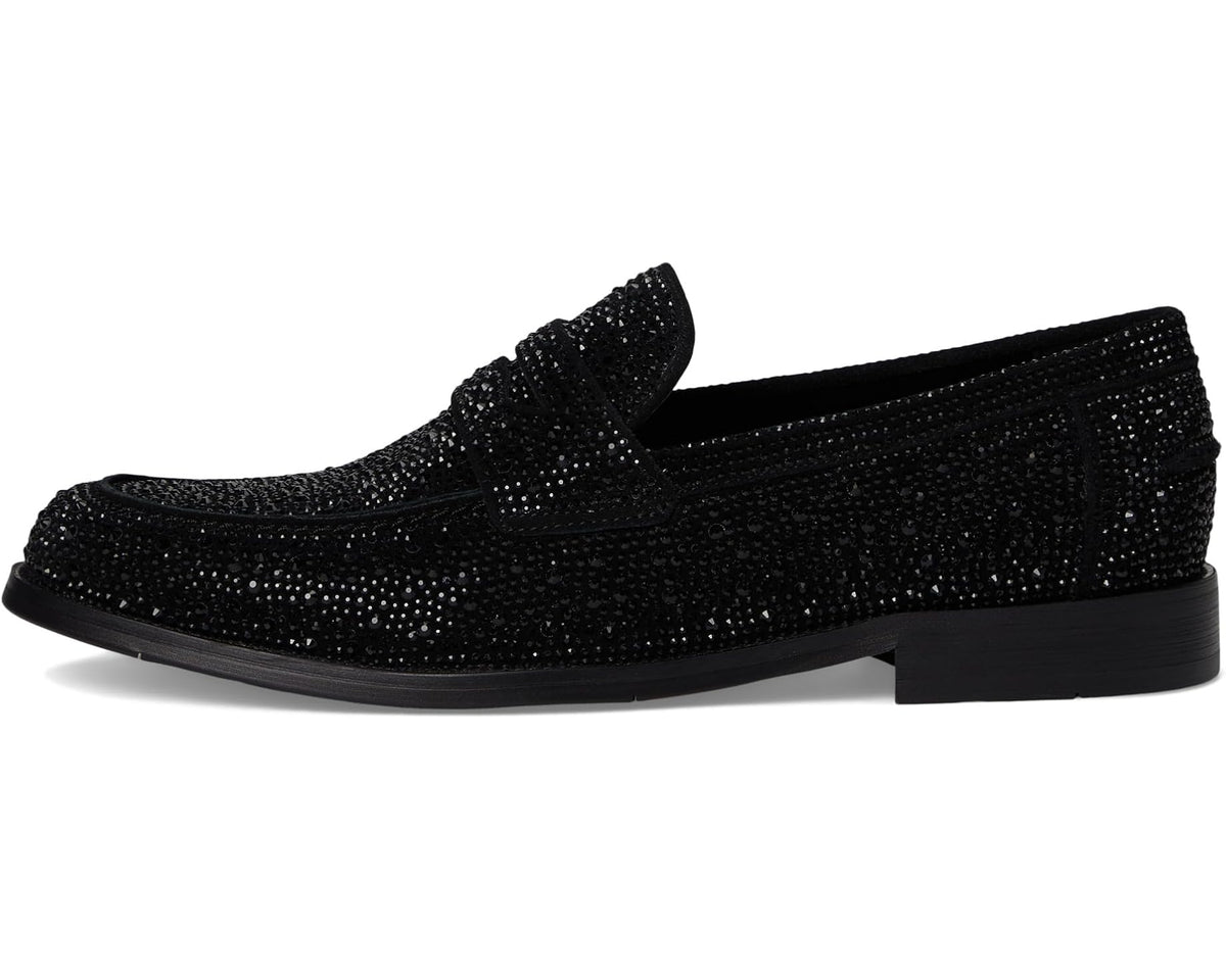 Men's Steve Madden black rhinestone loafer, side profile with low heel