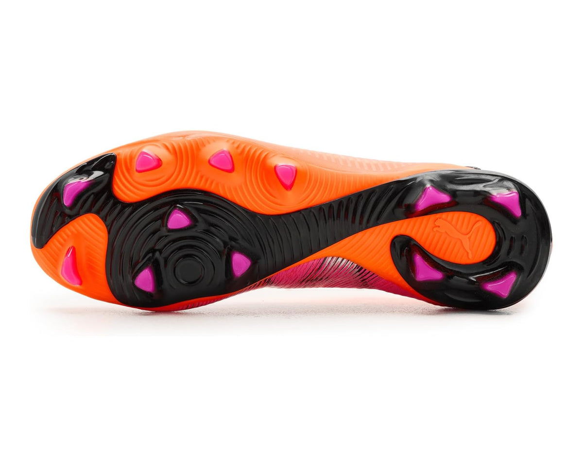 PUMA men's soccer cleats outsole, orange tread with purple and black studded spikes