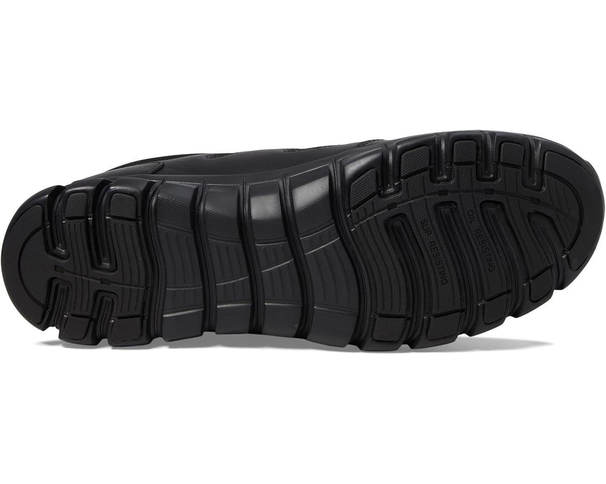 Black outsole view of lace-up work shoes with rugged tread for grip