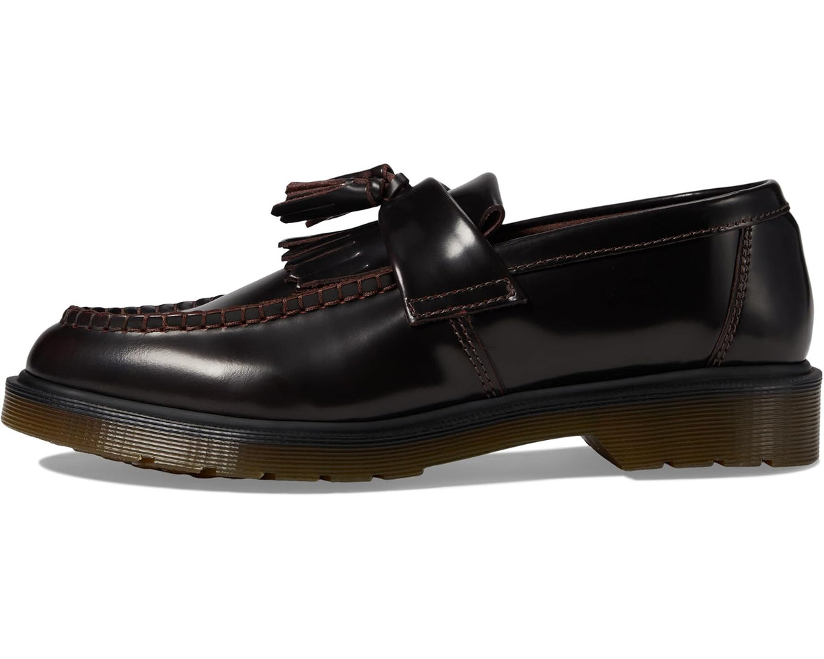Dr. Martens Adrian slip-on loafers, dark leather, side tassel detail, brown sole