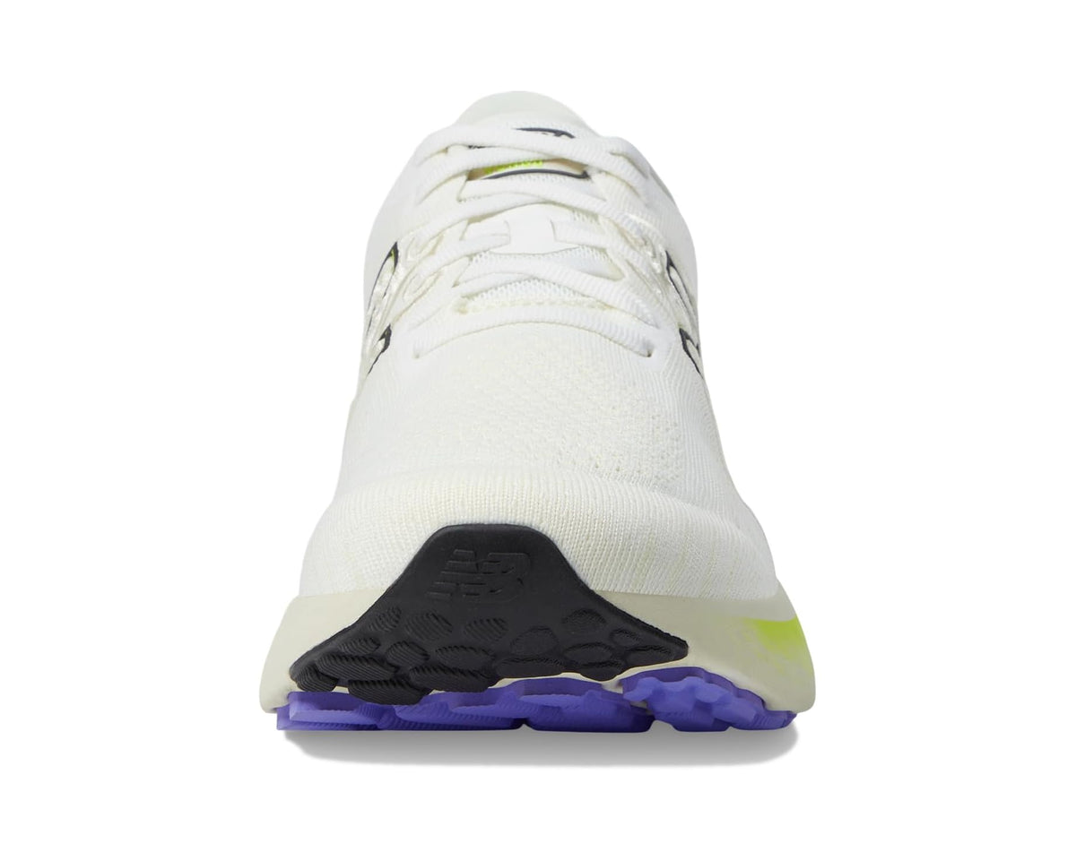 Men's New Balance running shoes, white front with purple-and-green cushioning sole