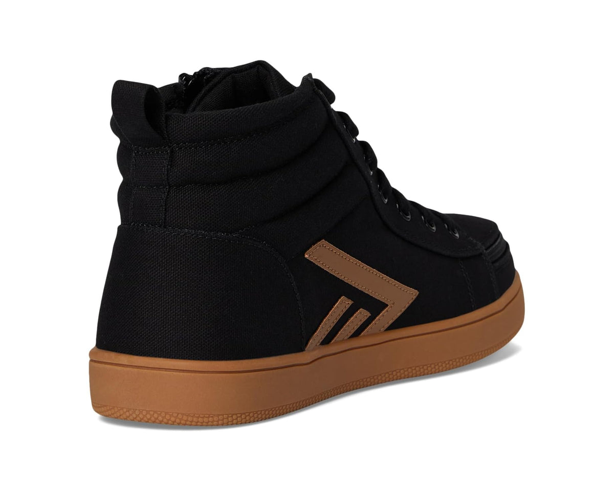 Back view of black high top casual shoe with padded collar and lace-up, gum outsole