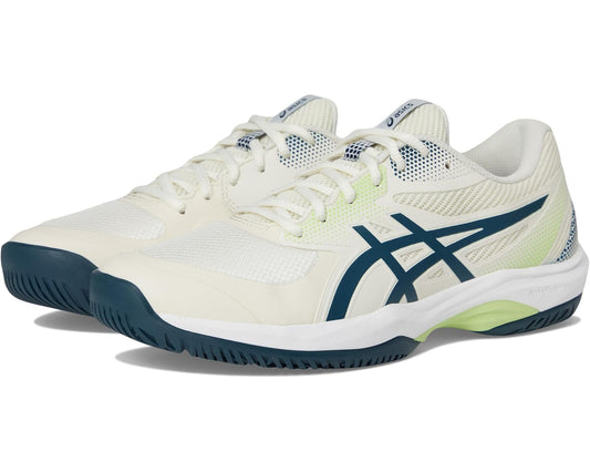 Men's ASICS pickleball shoes in cream with teal accents, lace-up, court-ready sole.