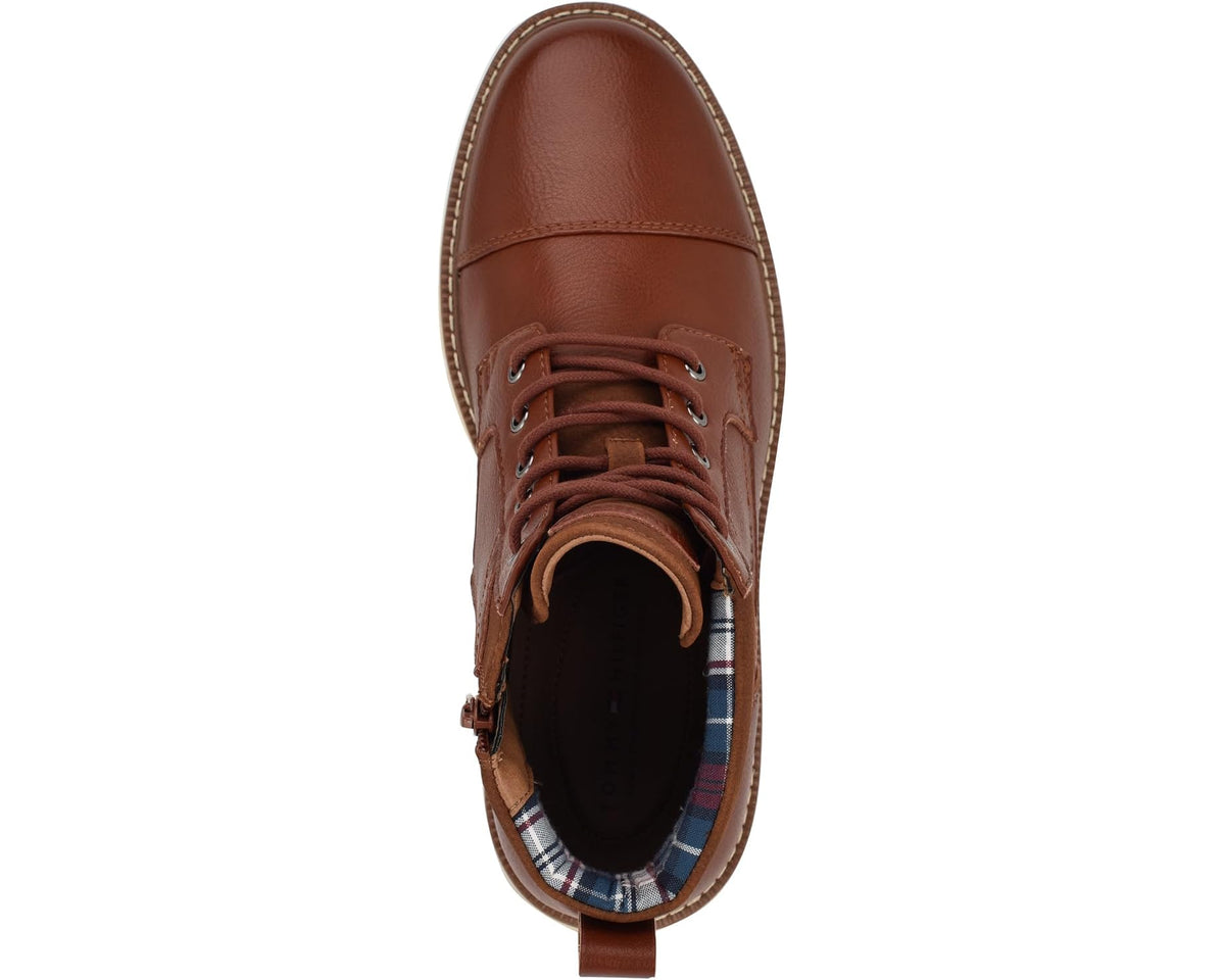 Cognac leather lace-up boot with plaid-lined collar opening