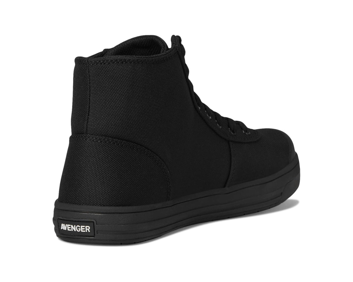 Black high-top work boot heel with AVENGER label and pull-on loop