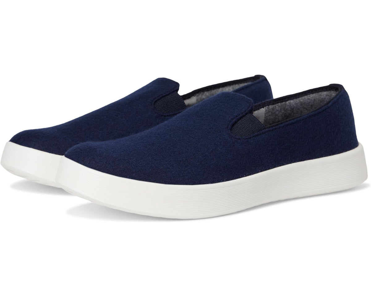 Men's wool cruiser slip-on shoes in dark navy with white rubber sole