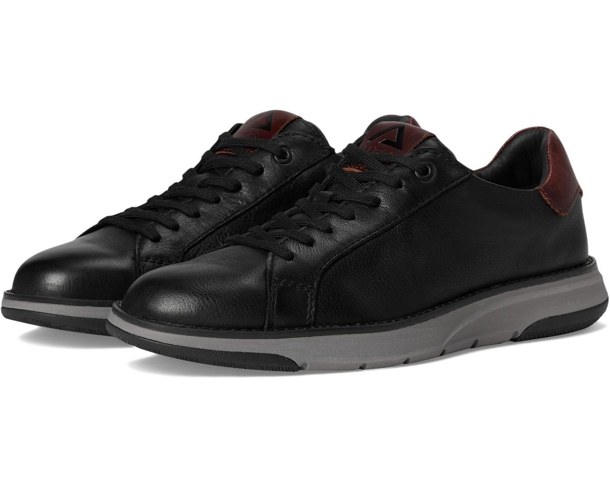 Men's black leather sneaker with lace-up front and cushioned sole, brown accents