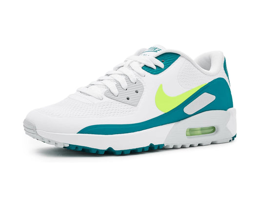 Men's Nike Air Max 90 G sneakers, white with teal and lime accents, visible Air unit