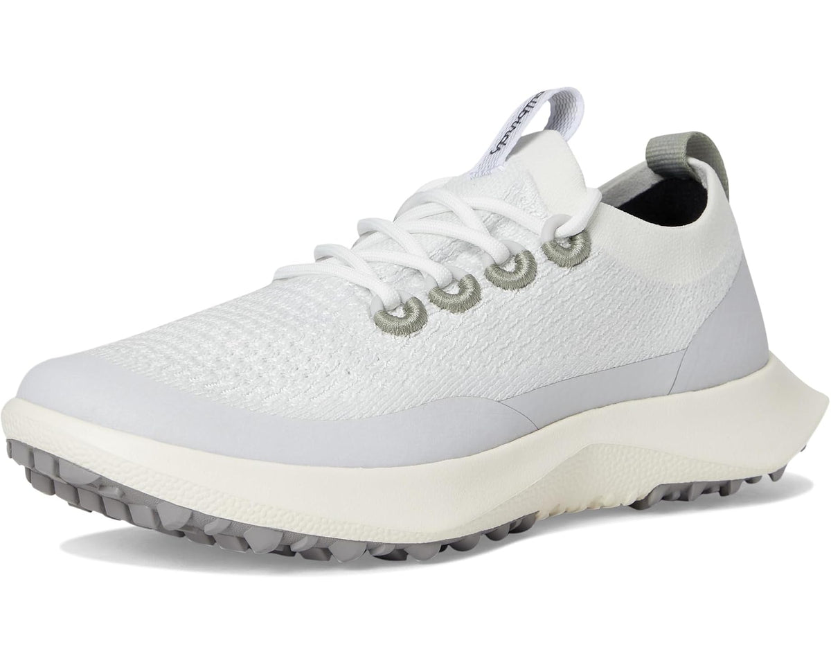 Men's Allbirds lace-up sneaker in white knit with olive lace hardware and treaded sole
