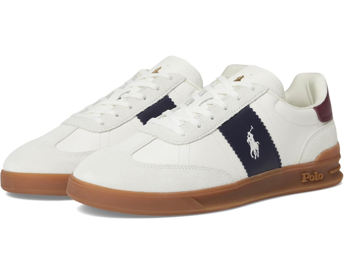 Men's Polo Ralph Lauren leather-suede sneakers, white with navy stripe, burgundy heel, tan sole