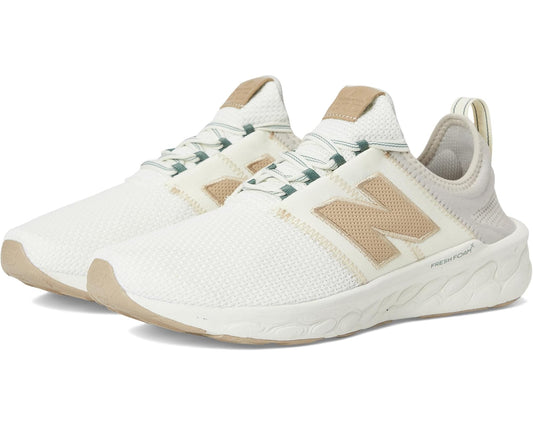 Men's New Balance Fresh Foam X Cruz running shoes, white with tan and green accents.