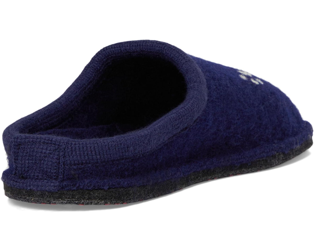 Blue felt slip-on slippers with dark textured sole and knit cuff opening
