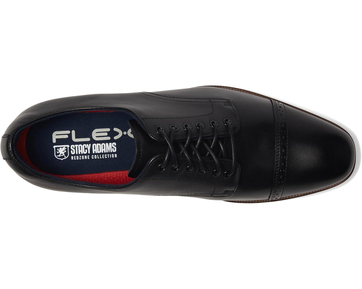 Black cap-toe lace-up dress shoe with lace vamp and brand label on tongue.