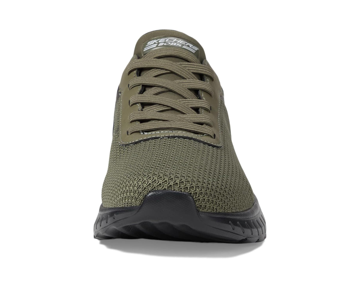 Men's olive lace-up knit sneaker with rounded toe and cushioned sole