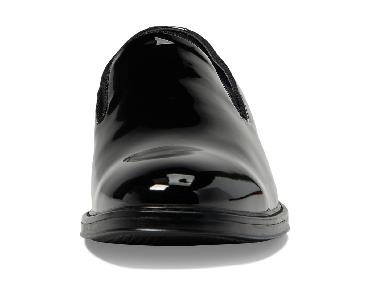 Men's black patent slip-on dress shoe front close-up with plain toe and glossy finish