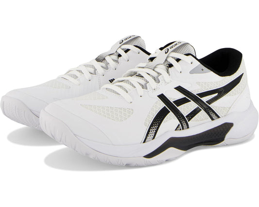 Men's ASICS indoor court shoes, white with black accents, lace-up