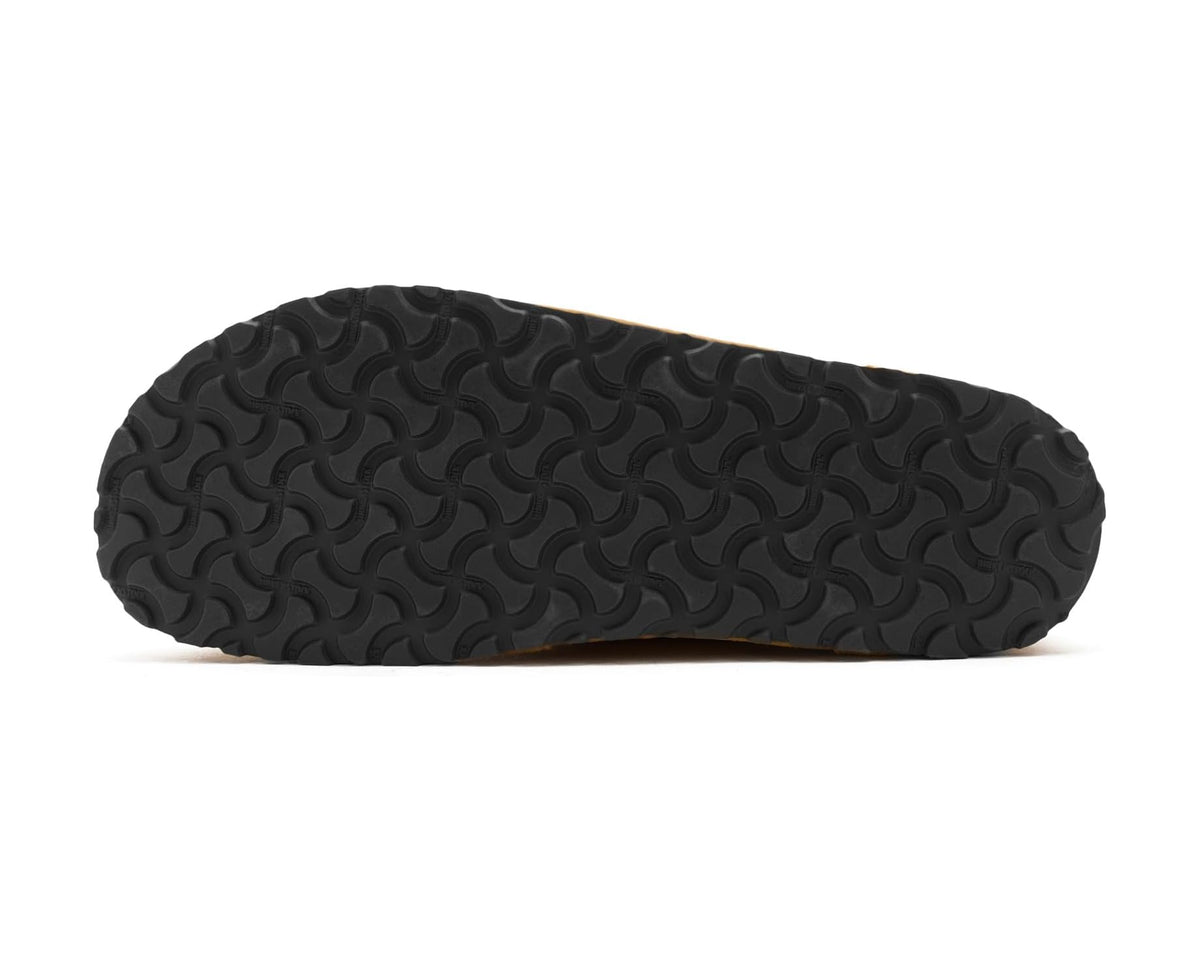 Outsole view of men's lace-up shoe with black tread pattern