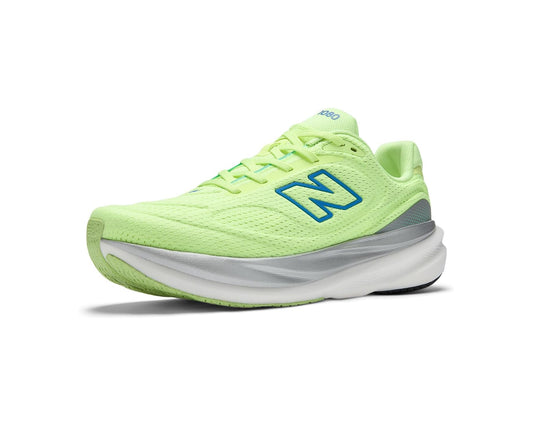 New Balance men's running shoes in lime green with blue N logo and cushioned sole