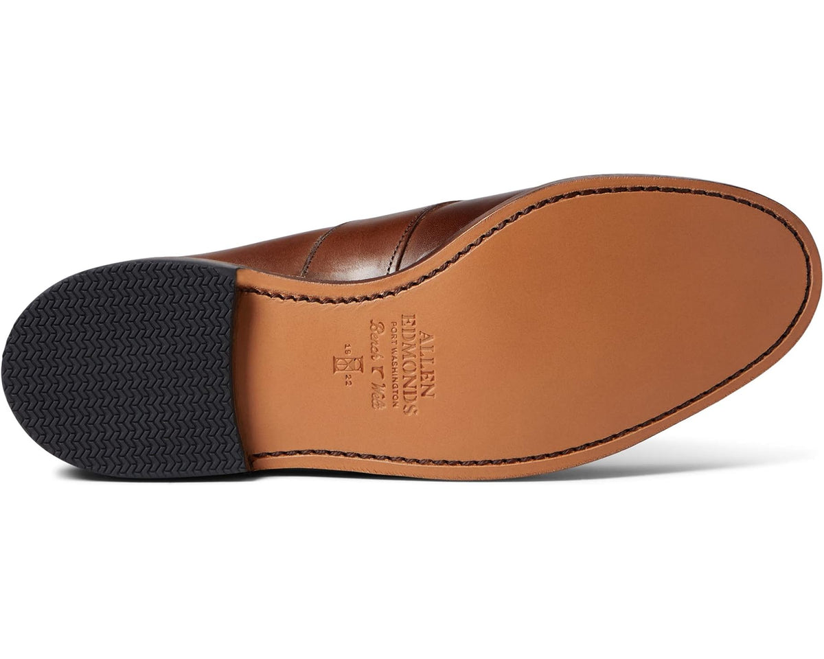 Men's Allen Edmonds Randolph loafers, tan leather insole and dark textured outsole.