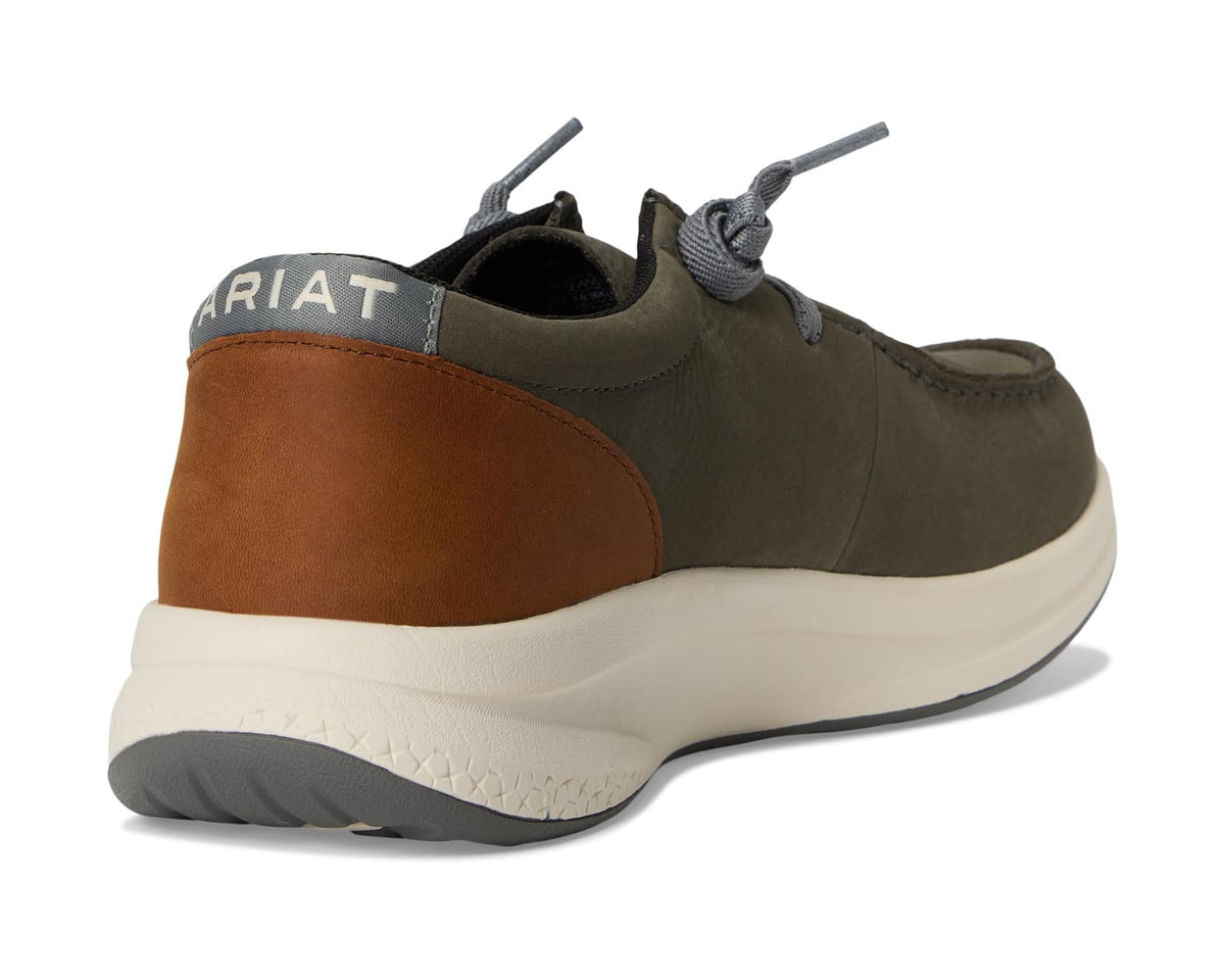 Ariat lace-up shoe back/side view with brown heel panel and white midsole