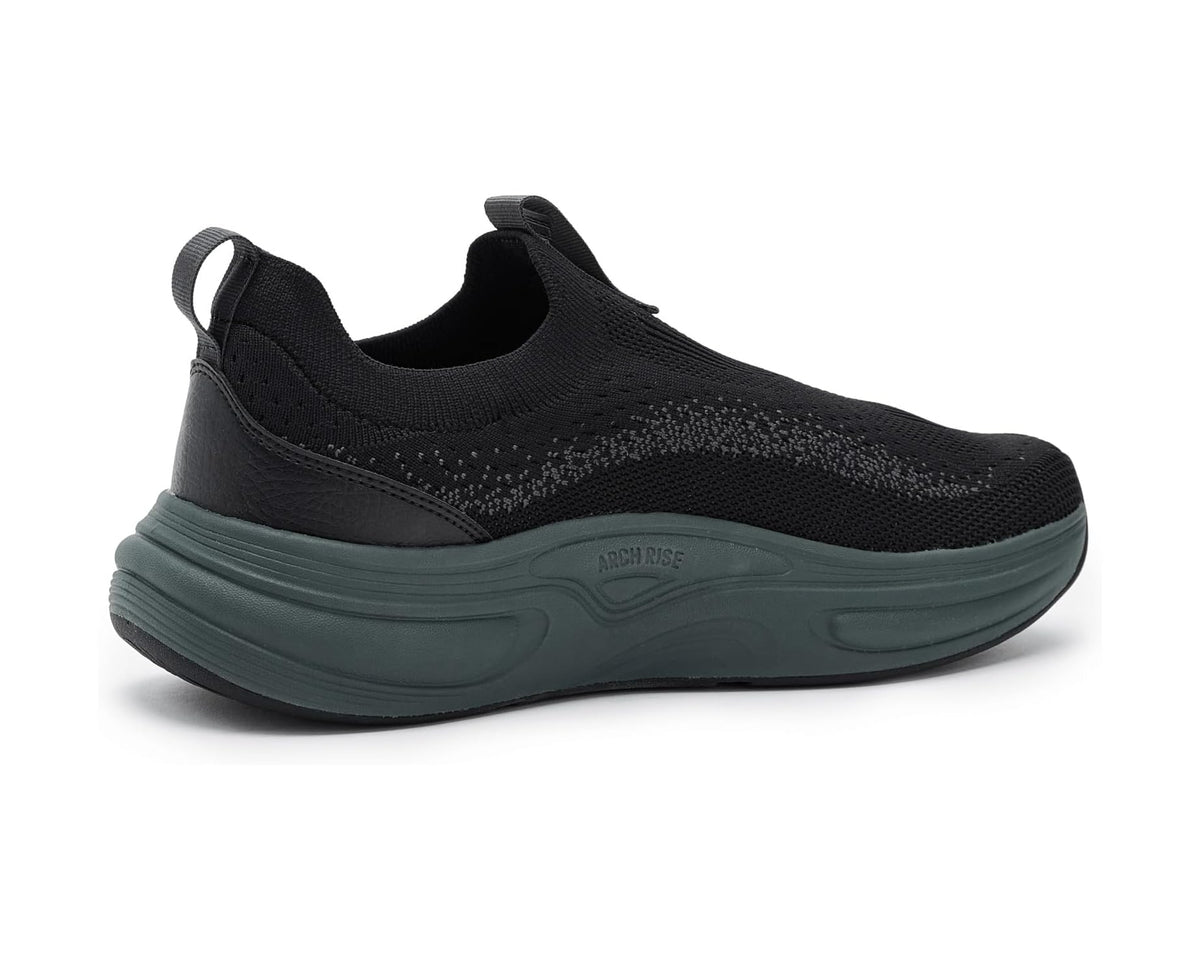 Black knit sock shoe with cushioned teal midsole and breathable side panel texture