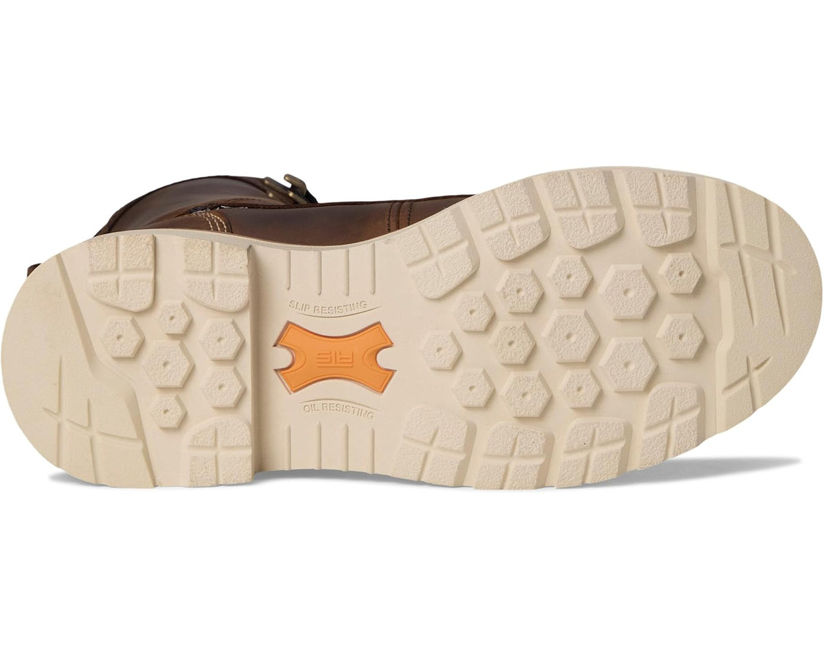 Brown boot outsole with orange Ariat logo and textured tread