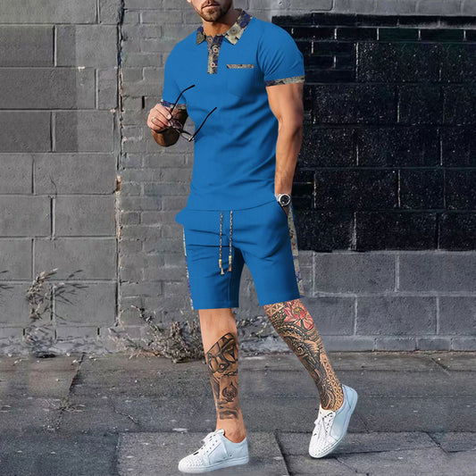 Men's casual two-piece set: blue short-sleeve polo shirt and matching shorts