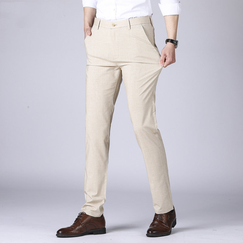Khaki men's slim-fit thin pants with belt loops and button closure