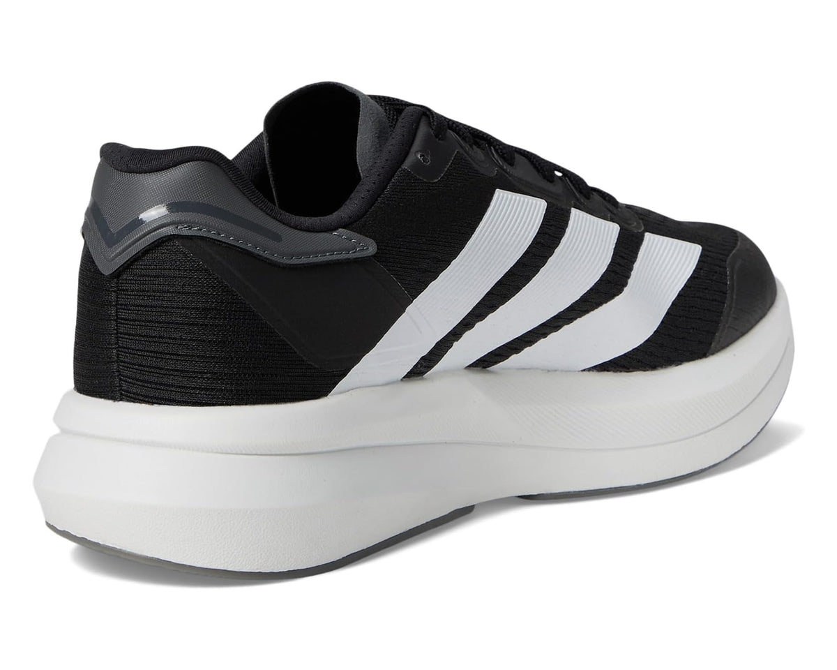Men's adidas Duramo Speed 2 running shoes, rear view in black mesh with white stripe panels