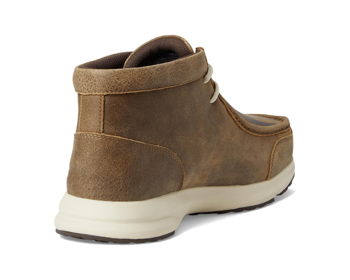 Men's suede chukka boot heel and back view, lace-up with cushioned collar