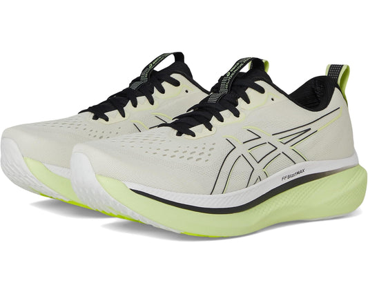 ASICS men's running shoe in birch white with black accents and lime sole