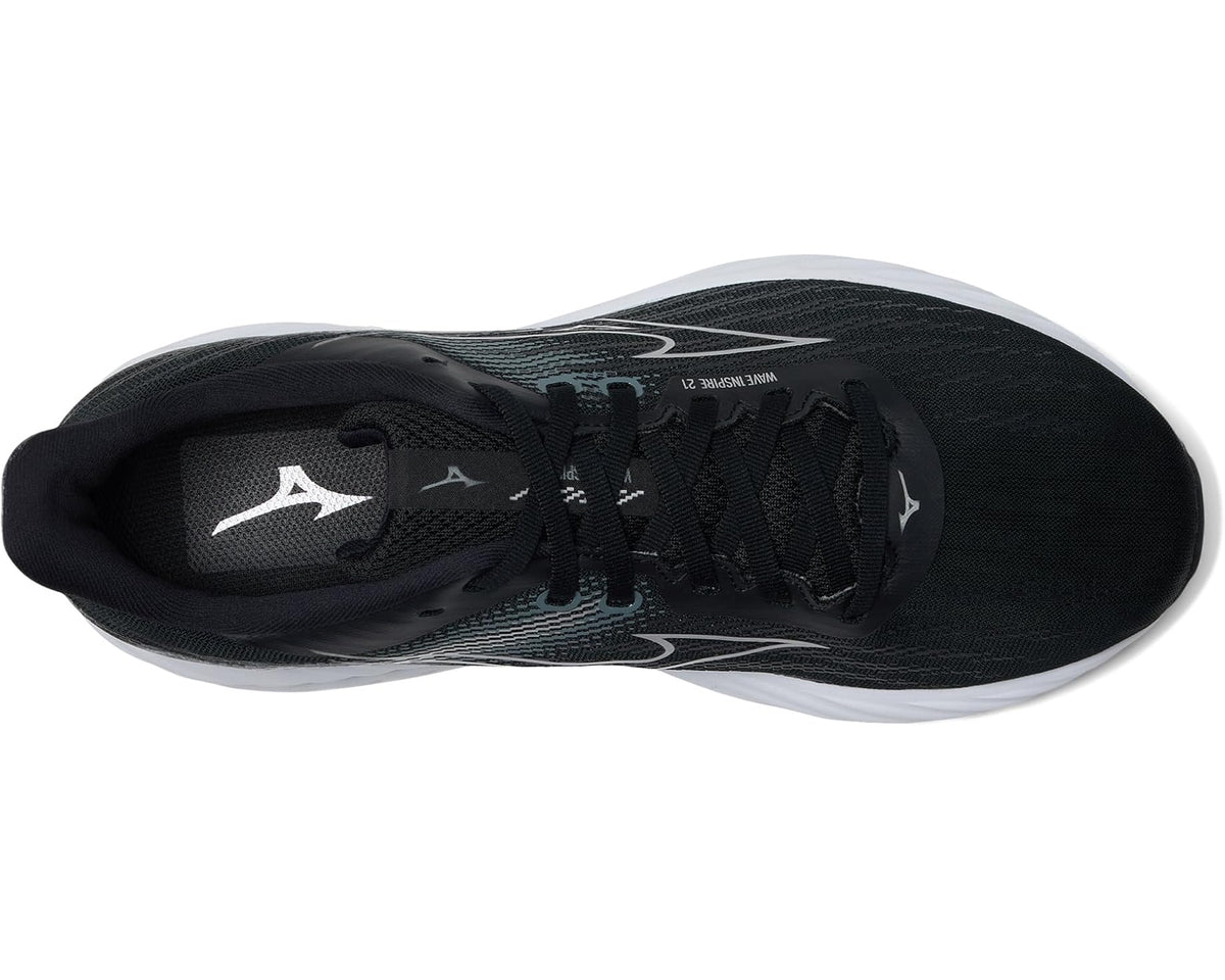 Men's black Mizuno running shoe, top view with lace-up and silver logo details.