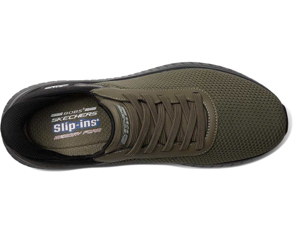Men's olive knit sneaker toe with slip-in logo patch and lace panel